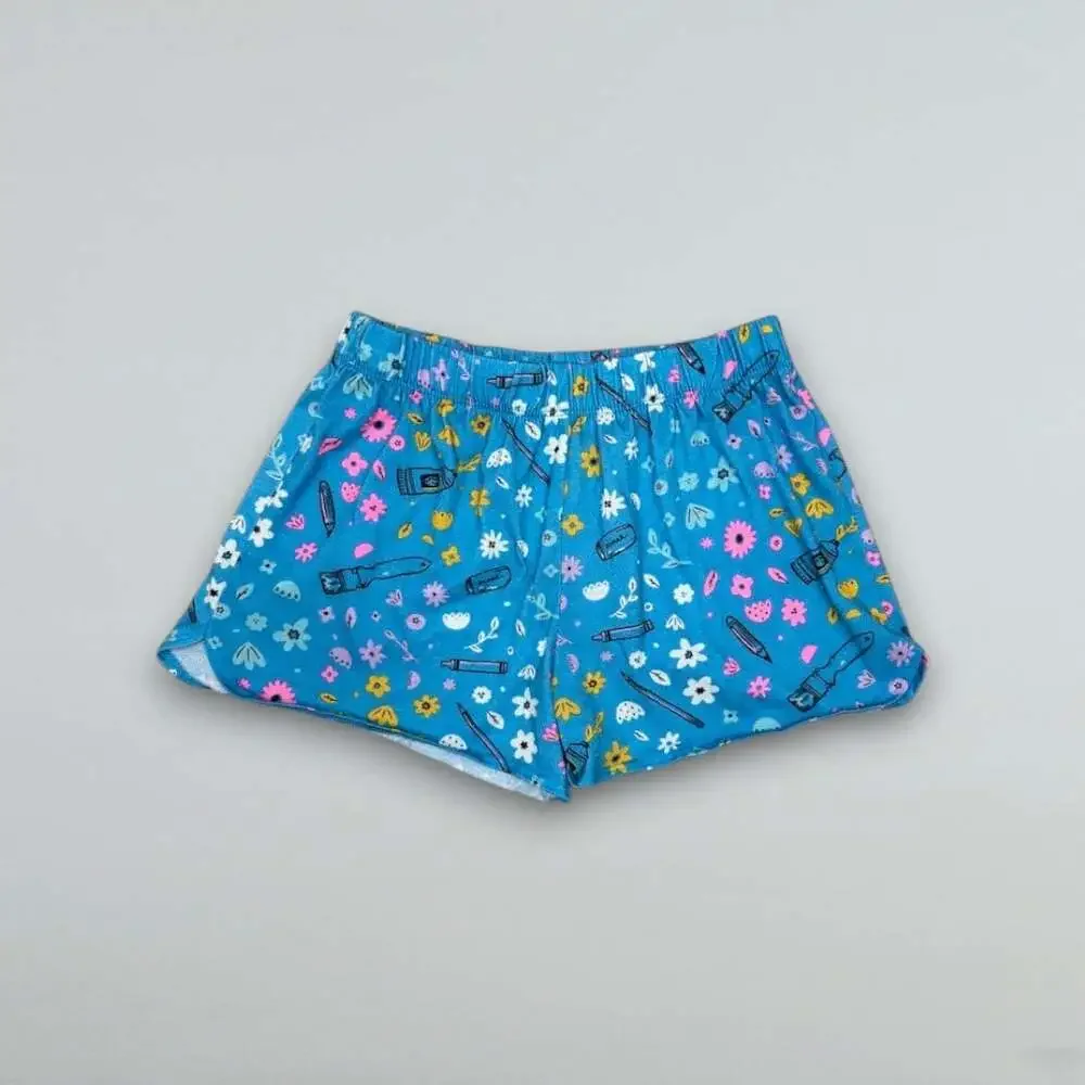 Girls Blue Floral School Print Pajama Sleep Shorts Size L 10/12